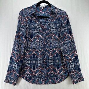 Express Top Womens XS Portfolio Shirt Paisley Button Front Roll Tab Sleeve Blue